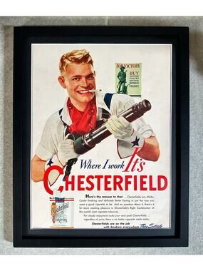 Framed Original 1942 Vintage Chesterfield Ad: Where I Work Soldier